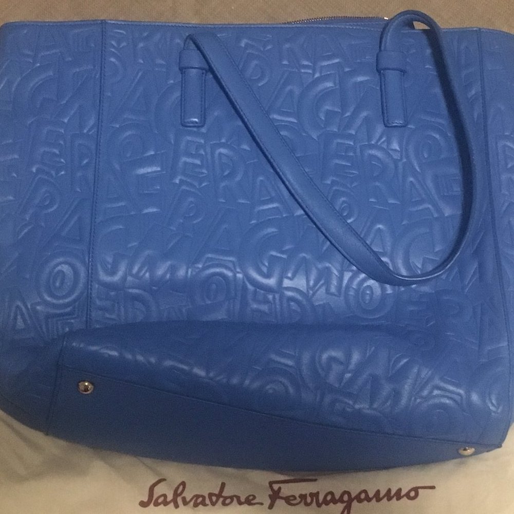 Salvatore Ferragamo Embossed Lettering Blue Tote